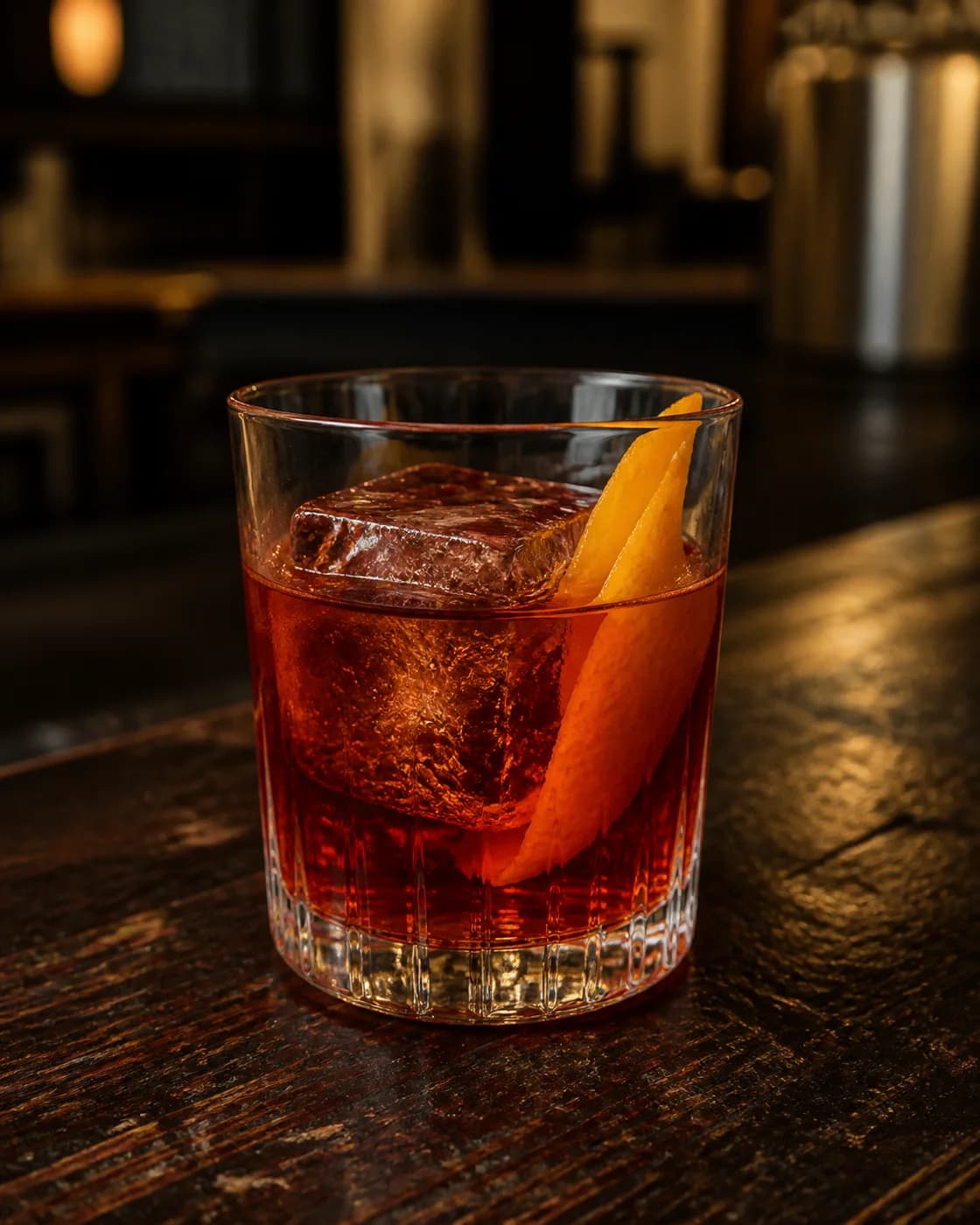 Negroni con hielo y piel de naranja