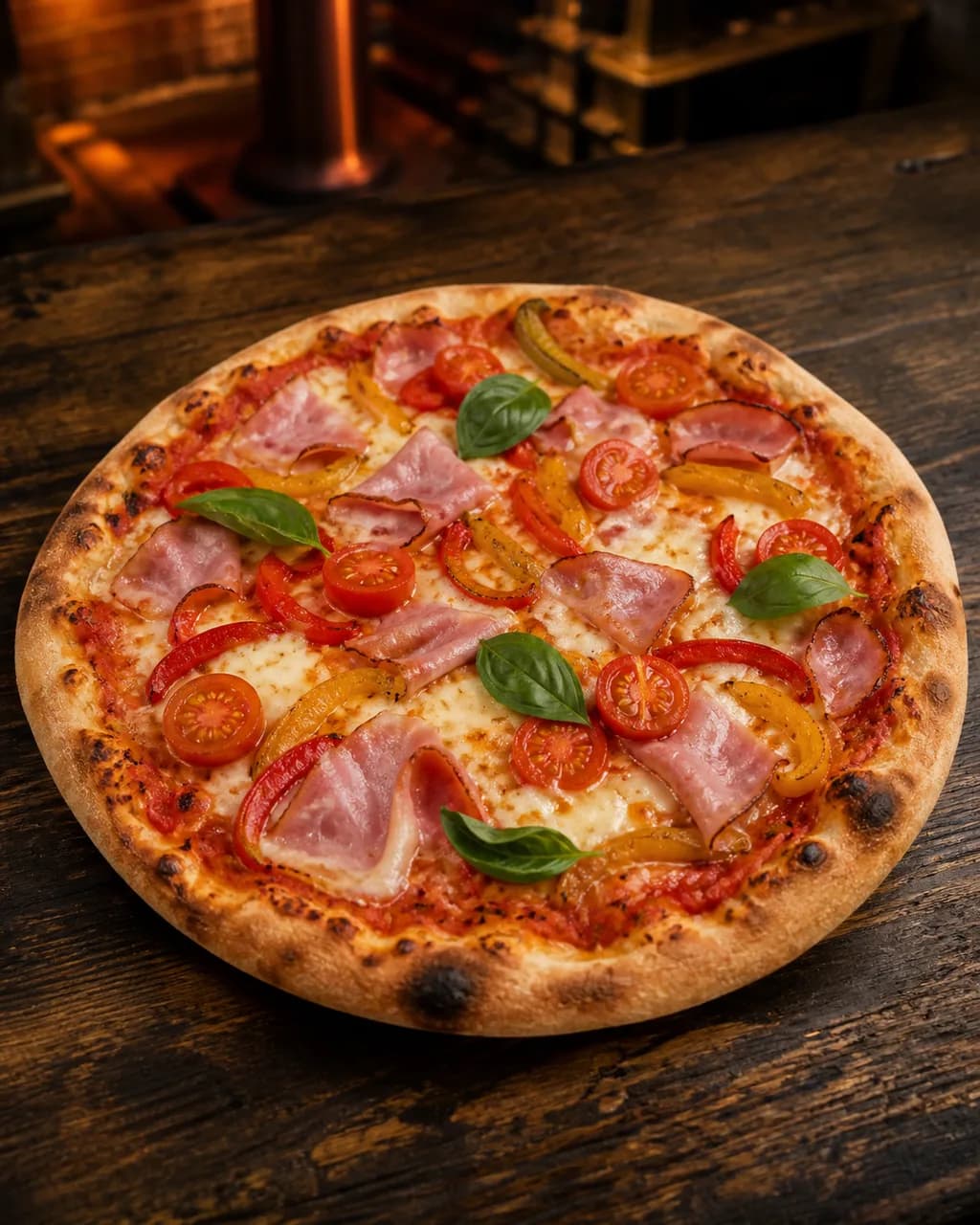 Pizza especial con jamón cocido y pimientos