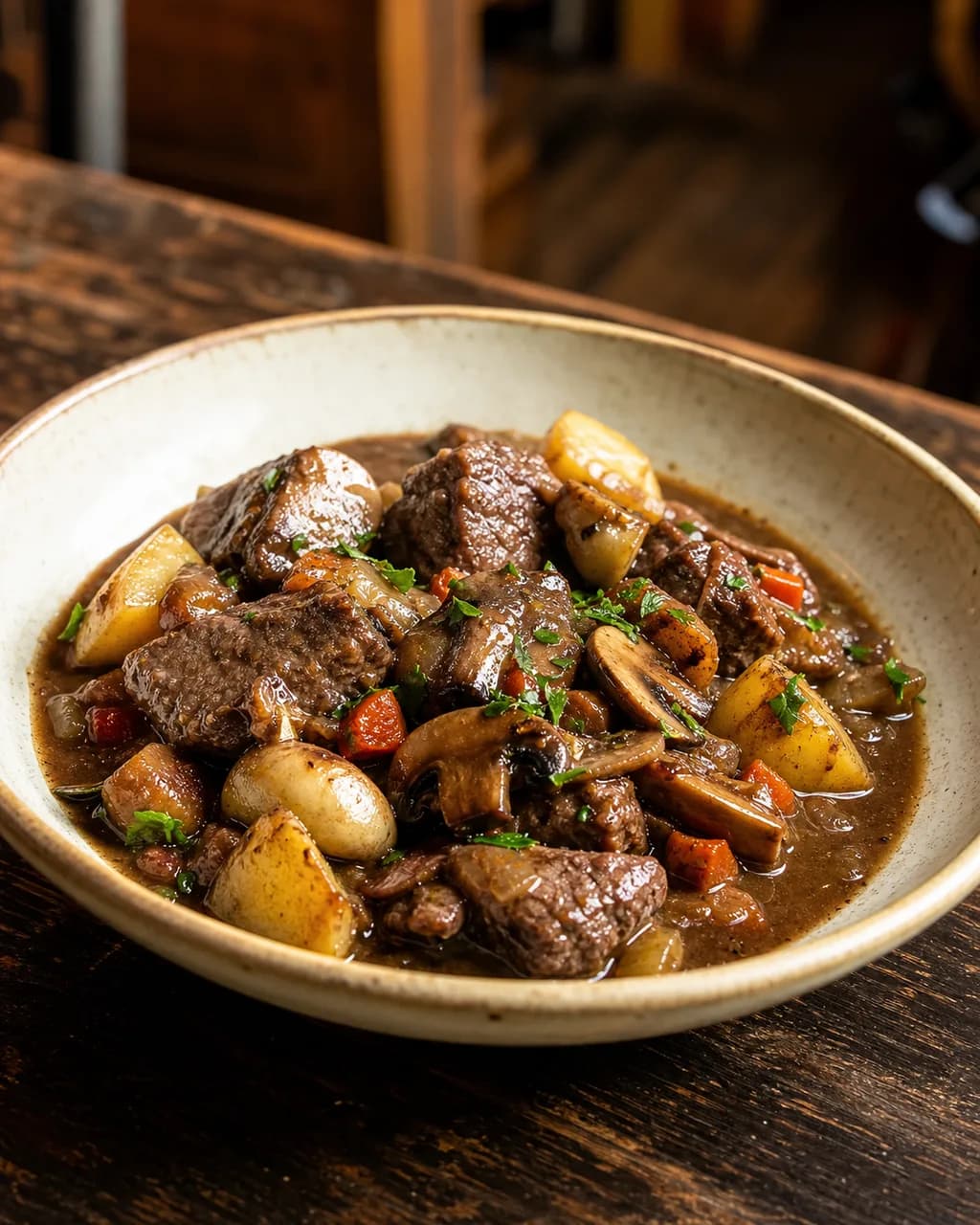 Ragout de lomo con hongos y papas