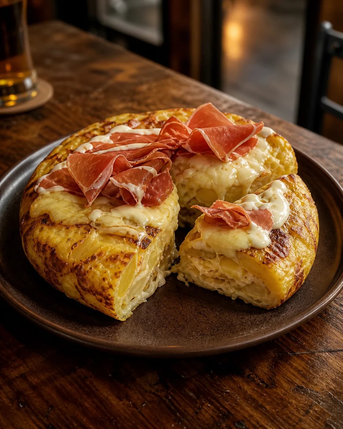 Tortilla de papas con quesos y jamón crudo