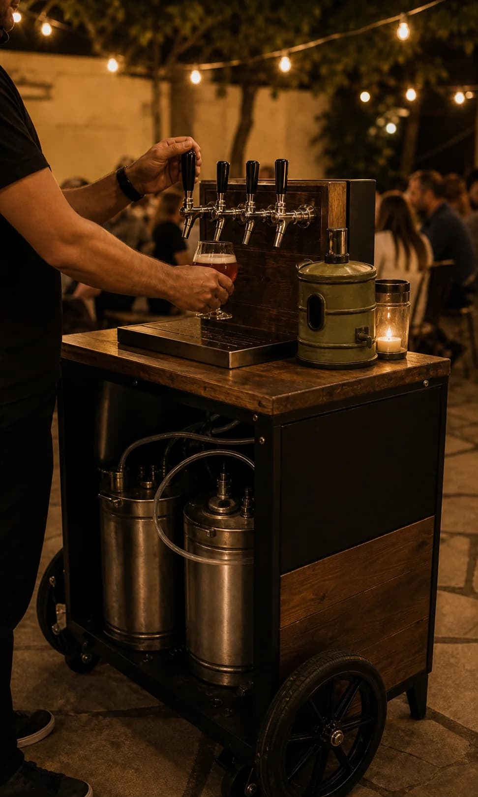 Carro móvil equipado con canillas para servir cerveza en eventos